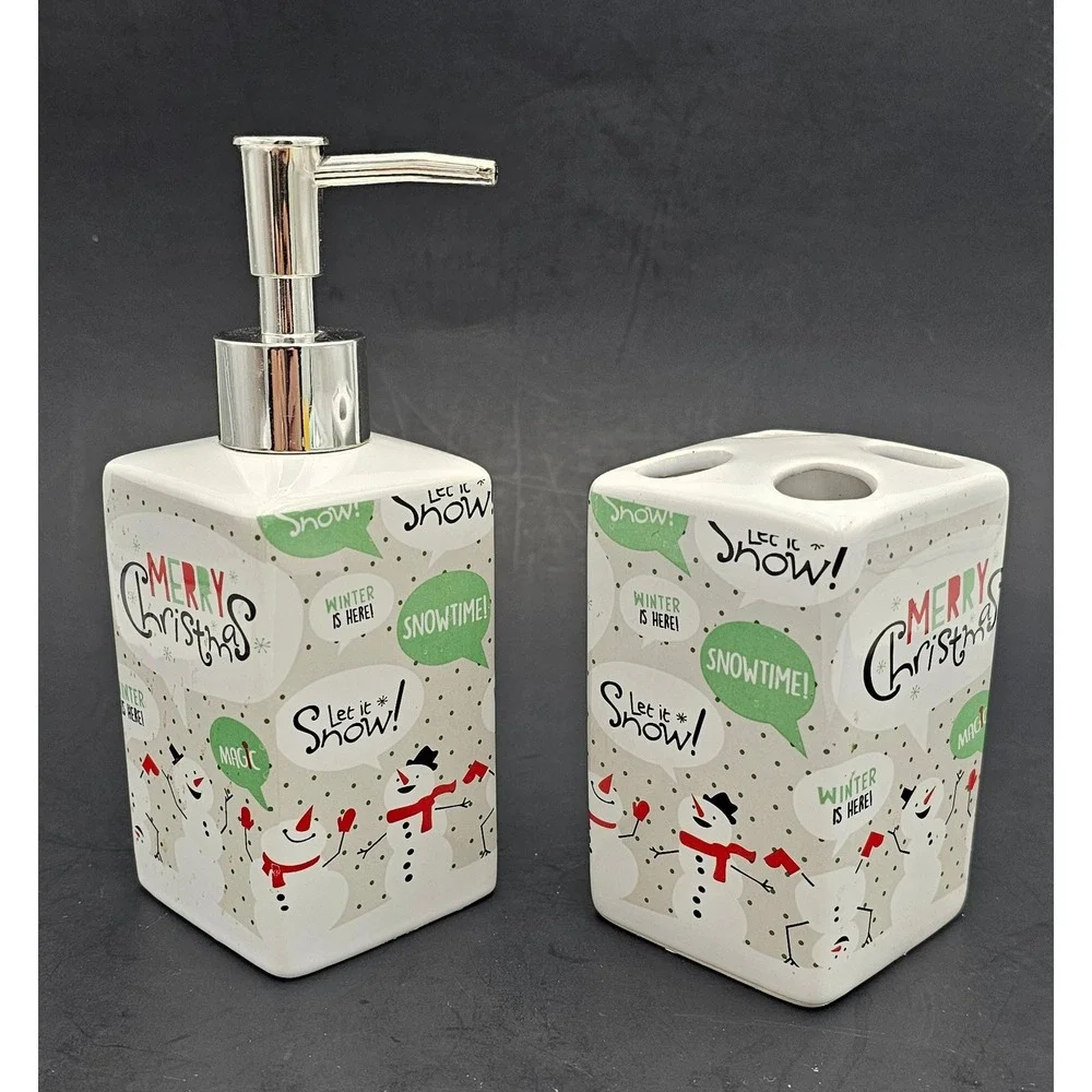 Christmas Snowman Ceramic Soap Dispenser and Toothbrush Holder Bathroom Set